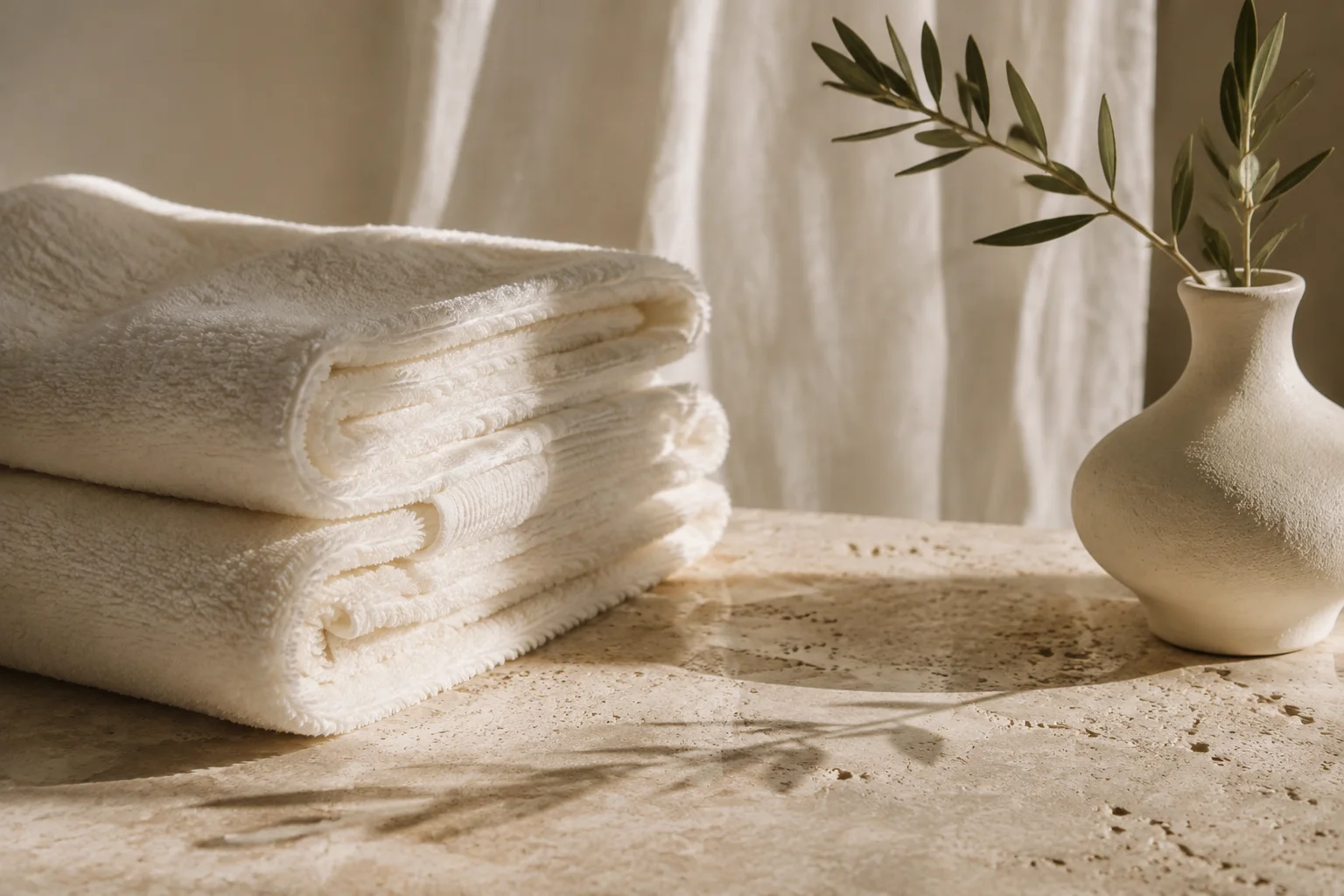 Photography mood reference: soft cotton towels and an olive branch on natural stone