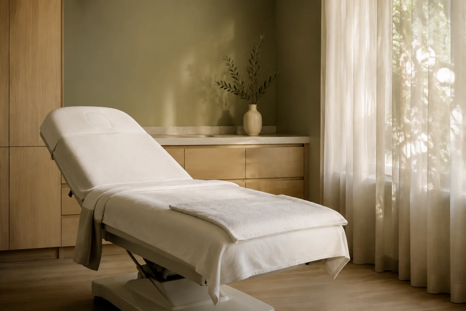 Studio design concept: a linen-covered treatment couch in a sunlit olive and oak room